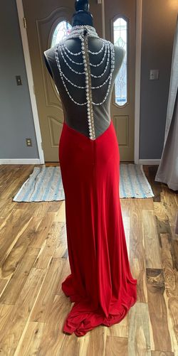 Cinderella Divine Red Size 6 Jersey Pageant Black Tie Sheer Prom Side slit Dress on Queenly