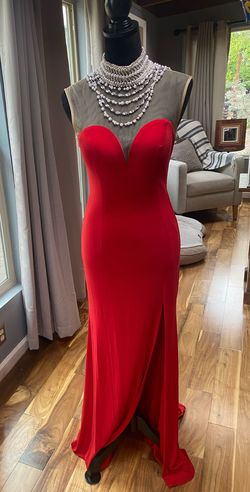 Cinderella Divine Red Size 6 Jersey Pageant Black Tie Sheer Prom Side slit Dress on Queenly