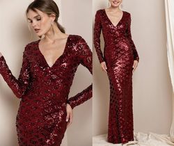 Style Burgundy Red Formal Sequined Long Sleeve Mermaid Wedding Guest Party Dress Red Size 2 Side slit Dress on Queenly