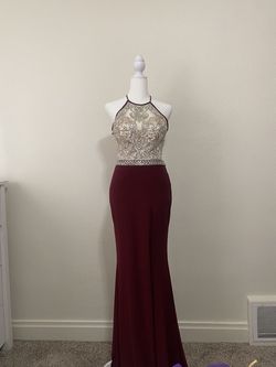 Style 10020 Order Couture  Red Size 8 Floor Length Prom Sequined Maroon Side slit Dress on Queenly
