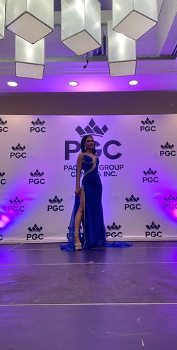 Jovani Blue Size 0 Jersey Plunge Floor Length Pageant Side slit Dress on Queenly