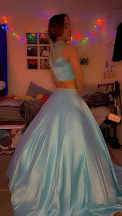 Style CDCK67 Cinderella Divine Blue Size 6 High Neck 70 Off Floor Length Prom Ball gown on Queenly