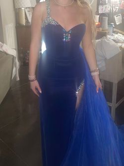 Jovani Blue Size 6 Pageant One Shoulder Side slit Dress on Queenly