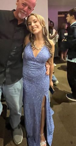 Camille La Vie Blue Size 2 Floor Length Prom Plunge Side slit Dress on Queenly
