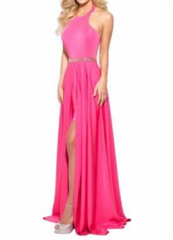 Style 1-1633600191-2168 Madison James Hot Pink Size 8 Satin Barbiecore Halter Straight Dress on Queenly