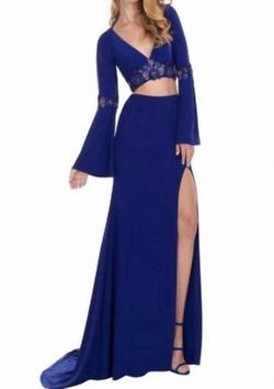 Style 1-1972697972-5 RACHEL ALLAN Blue Size 0 1-1972697972-5 V Neck Bell Sleeves Mermaid Side slit Dress on Queenly