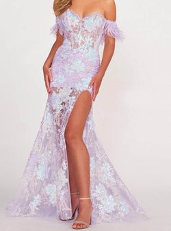 Style EW34034 Ellie Wilde Purple Size 2 Ew34034 Feather Prom Side slit Dress on Queenly