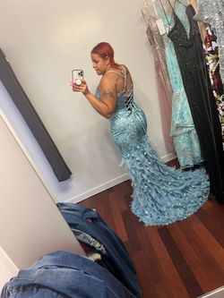 Style A1116 Andrea & Leo Couture Blue Size 14 Corset Prom Plunge Lace Plus Size Mermaid Dress on Queenly