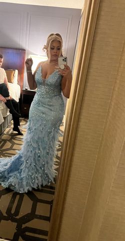 Style A1116 Andrea & Leo Couture Blue Size 14 Corset Prom Plunge Lace Plus Size Mermaid Dress on Queenly