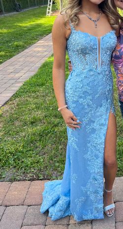 Style 54838 Sherri Hill Blue Size 00 Floor Length Prom Plunge Side slit Dress on Queenly