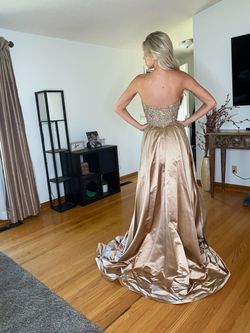 Sherri Hill Gold Size 4 Prom Pageant Beaded Top Overskirt Train Dress on Queenly