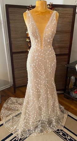 Style Chanel Zavana Couture Nude Size 14 Plunge Sequined Jersey Mermaid Dress on Queenly