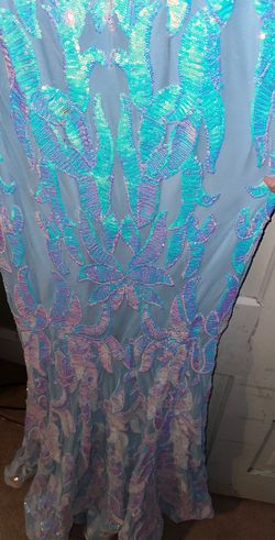 Jovani Blue Size 14 Jersey Plus Size Plunge Floor Length Mermaid Dress on Queenly
