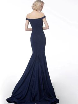 Style 55187 Jovani Blue Size 0 Military Flare Floor Length Jersey Mermaid Dress on Queenly