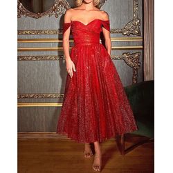 Style Red Sparkle Metallic Off the shoulder Formal Party Cocktail Midi Dress Cinderella Red Size 4 Tea Length Floor Length Shiny A-line Dress on Queenly