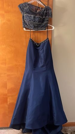 Sherri Hill Blue Size 2 Cap Sleeve Jewelled Beaded Top Sheer Mermaid Dress on Queenly