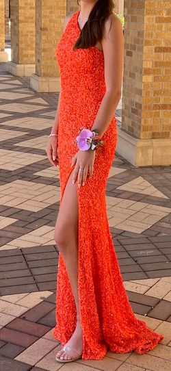 Sherri Hill Orange Size 4 Wedding Guest Floor Length Side slit Dress on Queenly