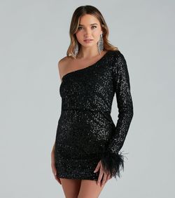 Style 05001-1762 Windsor Black Size 4 Sorority Mini Long Sleeve One Shoulder Cocktail Dress on Queenly