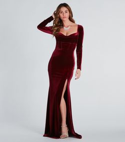 Style 05002-7624 Windsor Red Size 0 Prom Bridesmaid Long Sleeve Corset Side slit Dress on Queenly