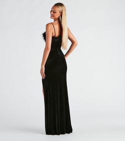 Style 05002-2608 Windsor Black Size 4 Square Neck Party Jersey Feather Tall Height Side slit Dress on Queenly