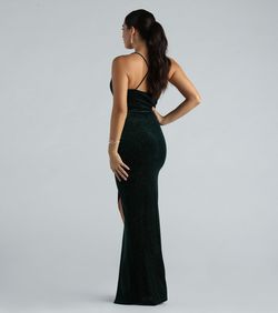 Style 05002-7695 Windsor Red Size 4 Velvet Strapless Shiny Floor Length Side slit Dress on Queenly