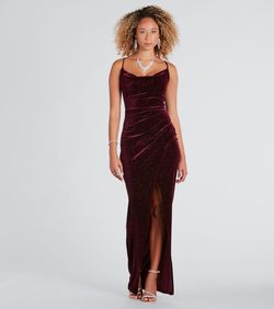 Style 05002-7695 Windsor Red Size 4 Wedding Guest Velvet Jersey Side slit Dress on Queenly