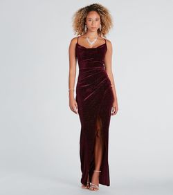 Style 05002-7695 Windsor Red Size 8 Velvet Strapless Shiny Floor Length Side slit Dress on Queenly