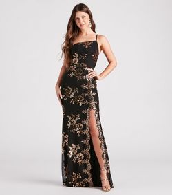 Style 05002-6932 Windsor Black Size 0 Shiny Floor Length 05002-6932 Spaghetti Strap Side slit Dress on Queenly