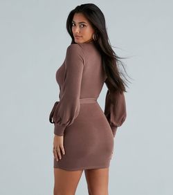 Style 05102-5354 Windsor Brown Size 0 Long Sleeve Belt Sorority Cocktail Dress on Queenly