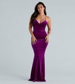 Style 05002-7675 Windsor Pink Size 8 Floor Length Velvet Jersey Mermaid Dress on Queenly