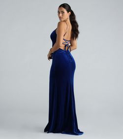 Style 05002-7523 Windsor Blue Size 12 Padded Prom Velvet Floor Length Plus Size Side slit Dress on Queenly