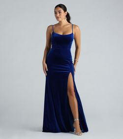 Style 05002-7523 Windsor Blue Size 12 Velvet Square Neck Shiny Floor Length Side slit Dress on Queenly