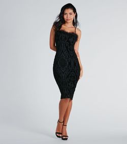 Style 05001-1869 Windsor Black Size 4 Wedding Guest Feather Custom Print Side slit Dress on Queenly