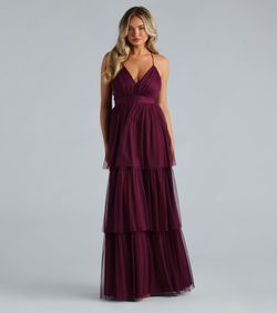 Style 05002-7763 Windsor Purple Size 0 Floor Length V Neck Sheer Straight Dress on Queenly
