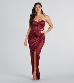 Style 05002-7833 Windsor Red Size 4 Jersey Satin Tall Height Bridesmaid Prom Side slit Dress on Queenly