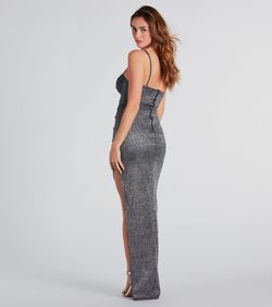 Style 05002-7785 Windsor Silver Size 4 Tall Height Padded Floor Length Side slit Dress on Queenly