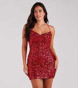 Style 05001-1805 Windsor Red Size 12 Party Sequined Sheer Tall Height Cocktail Dress on Queenly