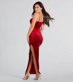 Style 05002-7736 Windsor Red Size 0 Tall Height Floor Length Velvet Prom Side slit Dress on Queenly