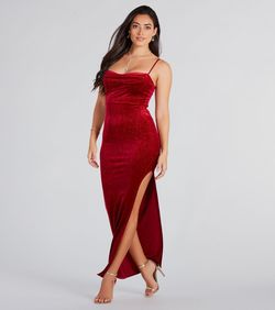 Style 05002-7736 Windsor Red Size 0 Tall Height Floor Length Velvet Prom Side slit Dress on Queenly