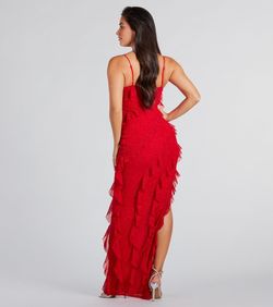 Style 05002-7850 Windsor Red Size 0 Tall Height Jewelled Ruffles Square Neck Side slit Dress on Queenly