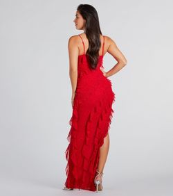 Style 05002-7850 Windsor Red Size 8 Tall Height Jewelled Ruffles Square Neck Side slit Dress on Queenly