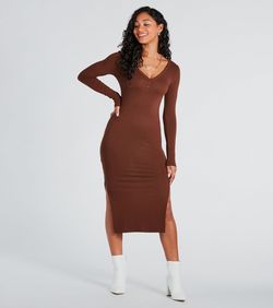 Style 05102-5310 Windsor Brown Size 4 V Neck Long Sleeve Side slit Dress on Queenly