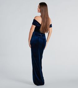 Style 05002-7826 Windsor Blue Size 8 Velvet Tall Height Padded Sweetheart Corset Side slit Dress on Queenly