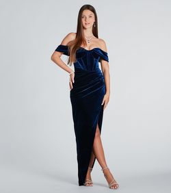 Style 05002-7826 Windsor Blue Size 8 Velvet Floor Length Tall Height Prom Side slit Dress on Queenly