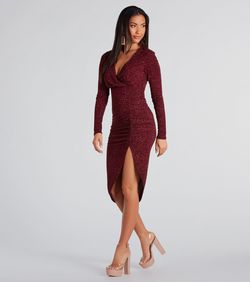 Style 05101-2778 Windsor Red Size 0 Mini V Neck Long Sleeve Side slit Dress on Queenly
