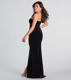 Style 05002-7532 Windsor Black Size 0 Floor Length Wedding Guest Strapless Corset Side slit Dress on Queenly