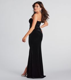 Style 05002-7532 Windsor Black Size 4 Floor Length Wedding Guest Strapless Corset Side slit Dress on Queenly