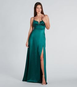 Style 05002-7313 Windsor Green Size 0 05002-7313 Jersey Prom Satin Bridesmaid Side slit Dress on Queenly