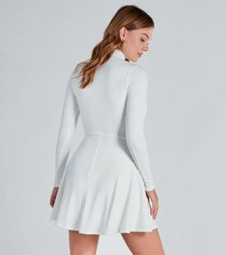 Style 05102-5445 Windsor White Size 4 High Neck Flare Mini Long Sleeve Tall Height Cocktail Dress on Queenly