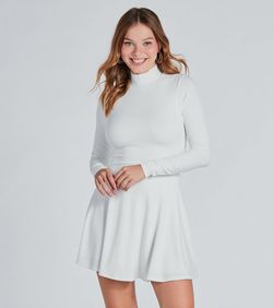 Style 05102-5445 Windsor White Size 8 High Neck Flare Long Sleeve Mini Tall Height Cocktail Dress on Queenly